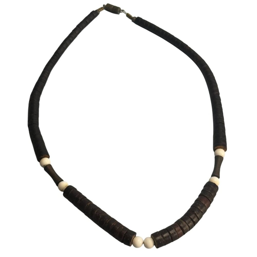 Heshi Style Wood Beads Tribal Folk Art Necklace Brown White 17 Inch Vintage - Picture 1 of 5